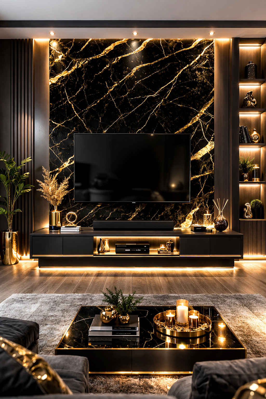 Panneau mural PVC effet marbre noir doré 120x250 cm