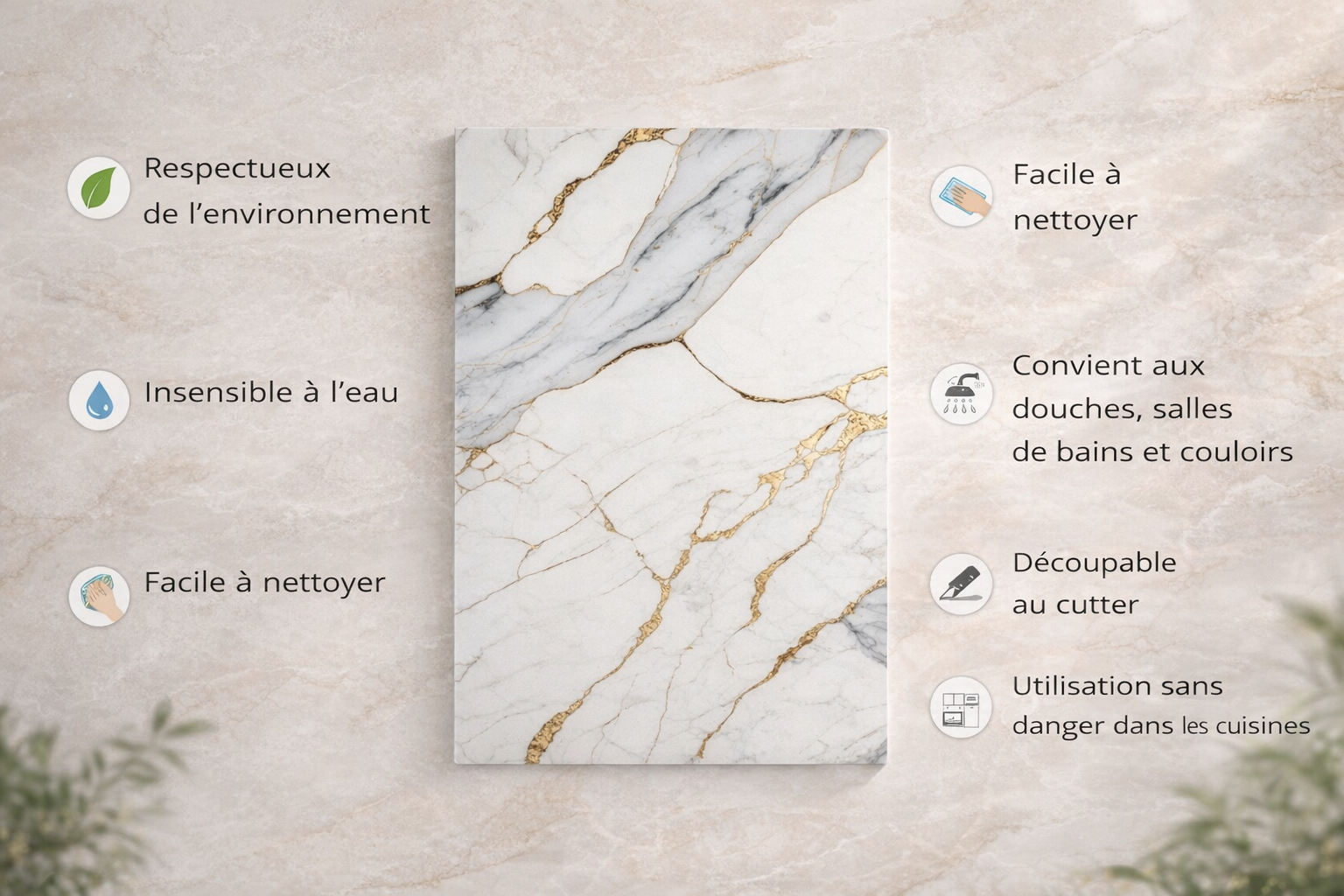 Panneau mural PVC effet marbre Carrara Gold – 120 × 255 cm